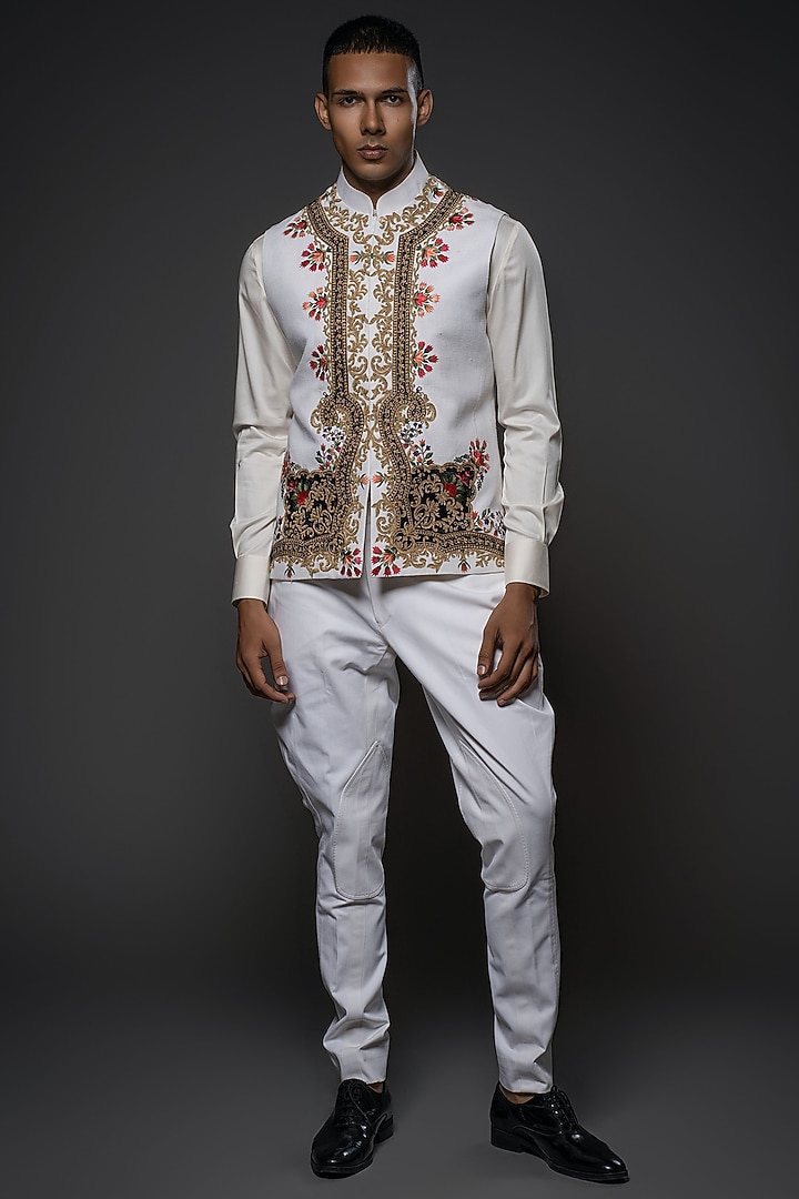 Ivory Matka Silk Resham Hand Embroidered Bundi Jacket by Rohit Bal Men at Pernia's Pop Up Shop