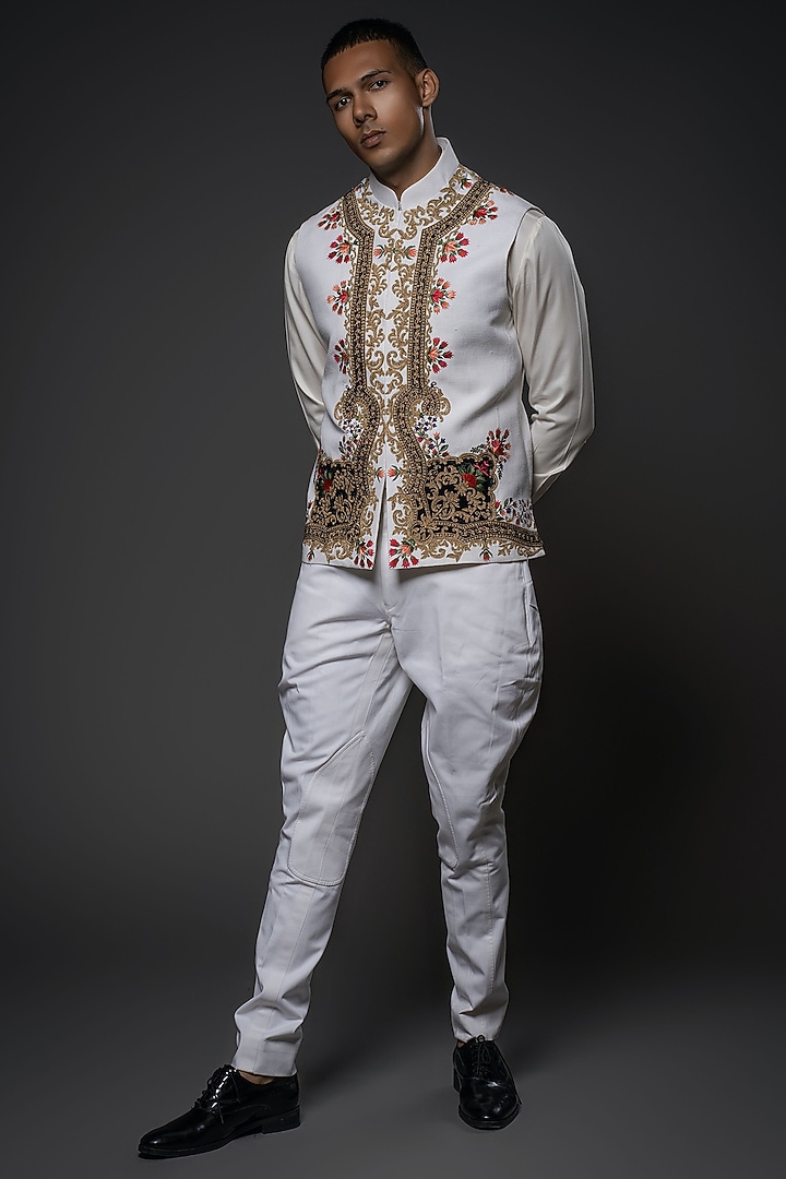 Ivory Matka Silk Resham Hand Embroidered Bundi Jacket by Rohit Bal Men at Pernia's Pop Up Shop