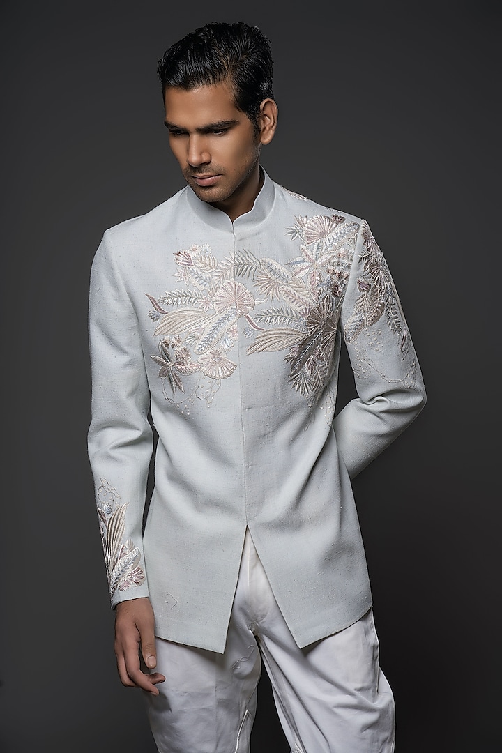 Powder Blue Matka Silk Resham Hand Embroidered Bandhgala by Rohit Bal Men