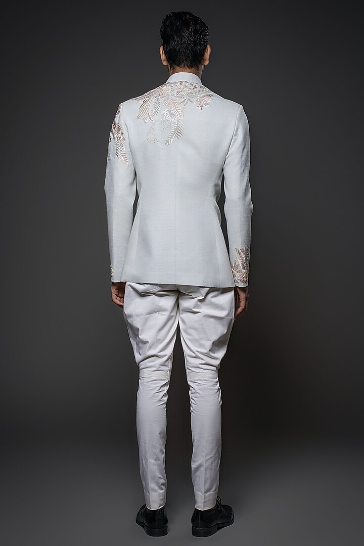 Powder Blue Matka Silk Resham Hand Embroidered Groom Bandhgala by Rohit Bal Men at Pernia's Pop Up Shop