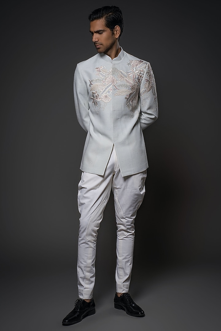 Powder Blue Matka Silk Resham Hand Embroidered Groom Bandhgala by Rohit Bal Men at Pernia's Pop Up Shop