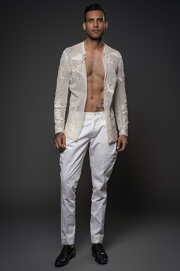 Ivory Net Floral Thread Hand Embroidered Open Shirt by Rohit Bal Men