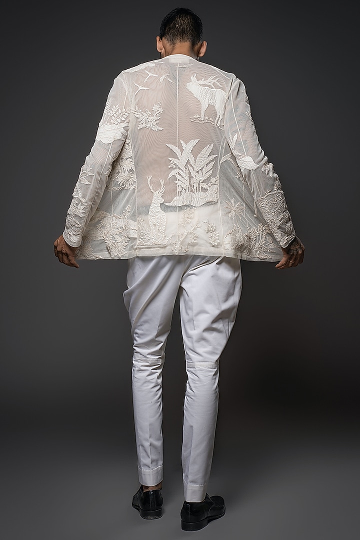Ivory Net Floral Thread Hand Embroidered Open Wedding Shirt by Rohit Bal Men at Pernia's Pop Up Shop