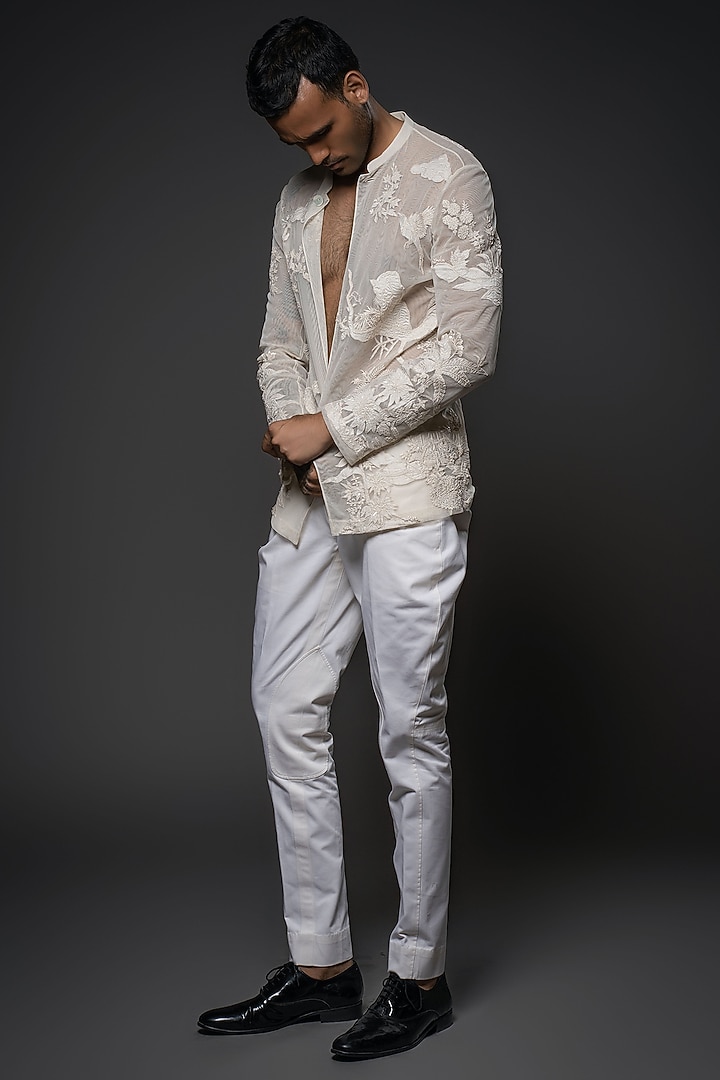 Ivory Net Floral Thread Hand Embroidered Open Wedding Shirt by Rohit Bal Men at Pernia's Pop Up Shop