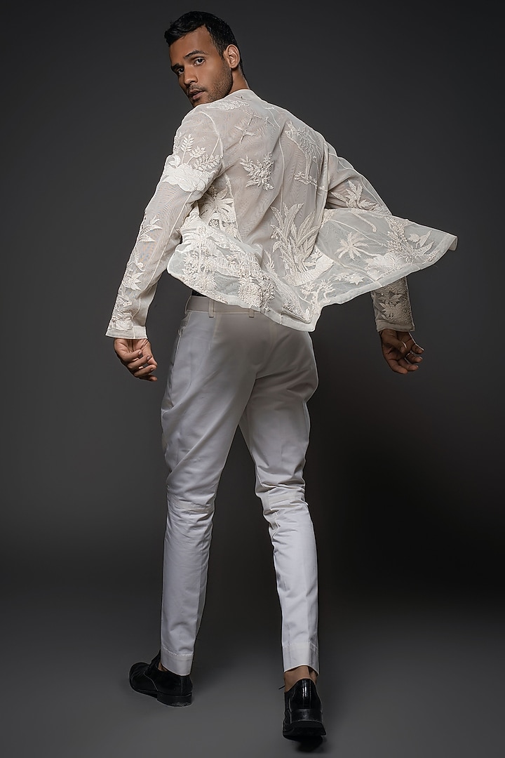 Ivory Net Floral Thread Hand Embroidered Open Wedding Shirt by Rohit Bal Men at Pernia's Pop Up Shop