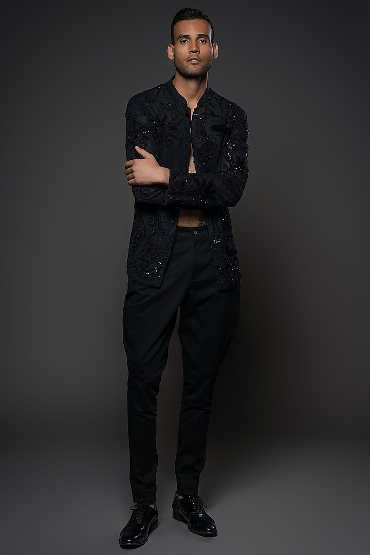 Black Net Floral Thread Hand Embroidered Open Shirt by Rohit Bal Men