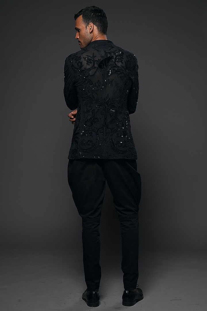 Black Net Floral Thread Hand Embroidered Open Wedding Shirt by Rohit Bal Men at Pernia's Pop Up Shop