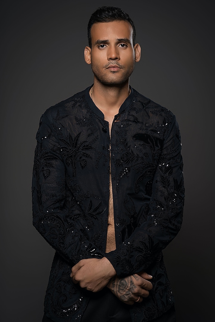 Black Net Floral Thread Hand Embroidered Open Wedding Shirt by Rohit Bal Men at Pernia's Pop Up Shop