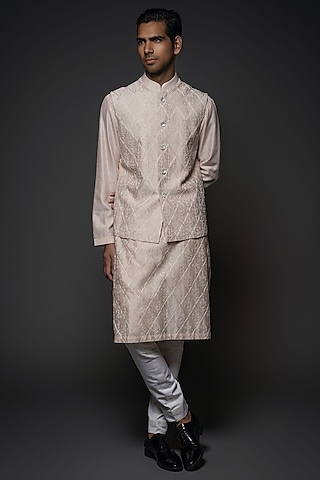 Blush Chanderi Silk Resham Hand Embroidered Bundi Jacket Set by Rohit Bal Men