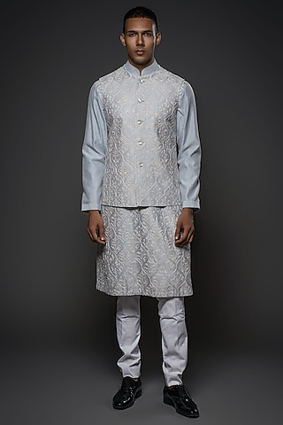 Powder Blue Chanderi Silk Resham Hand Embroidered Bundi Jacket Set by Rohit Bal Men