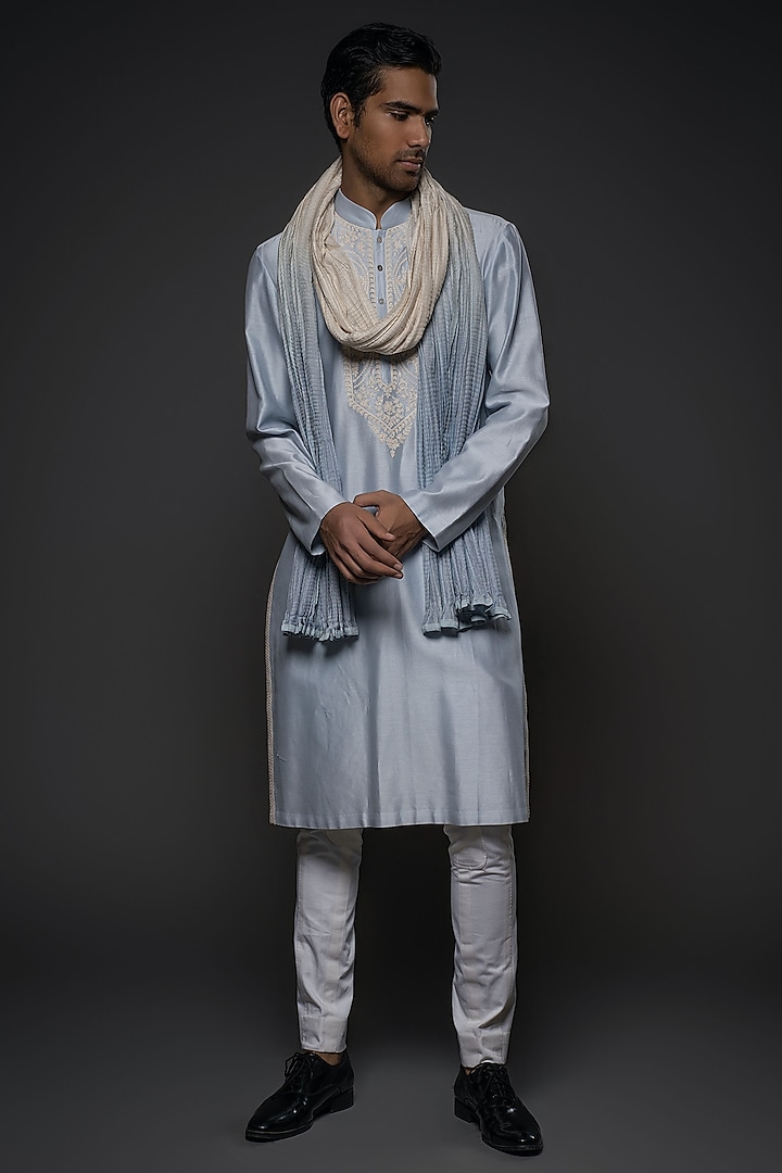 Powder Blue Chanderi Silk Resham Hand Embroidered Kurta Set by Rohit Bal Men at Pernia's Pop Up Shop