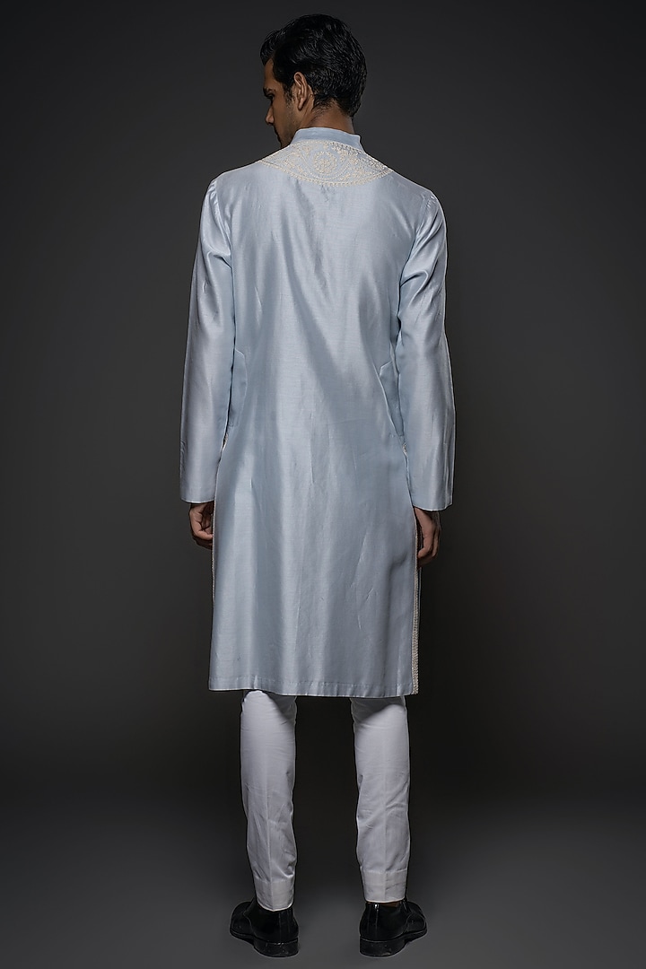 Powder Blue Chanderi Silk Resham Hand Embroidered Kurta Set by Rohit Bal Men at Pernia's Pop Up Shop