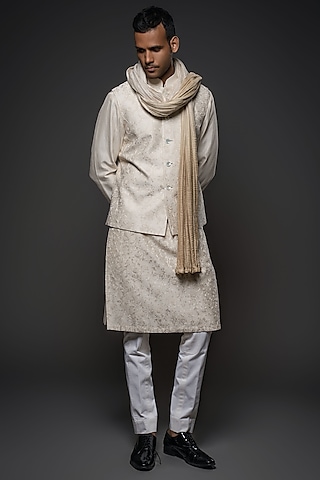 Ivory Chanderi Silk Resham Hand Embroidered Bundi Jacket Set by Rohit Bal Men