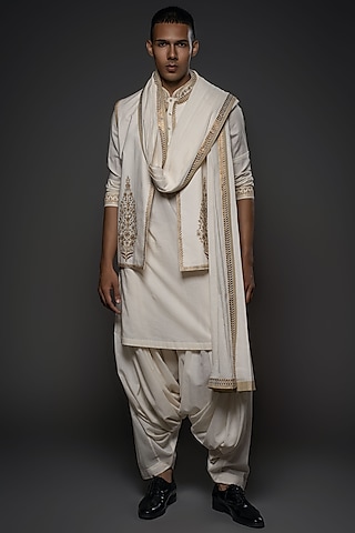 Ivory Chanderi Silk Foil Printed Bundi Jacket Set by Rohit Bal Men