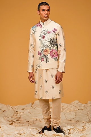 Ivory Chanderi Digital Printed Bundi Jacket Set by Rohit Bal Men