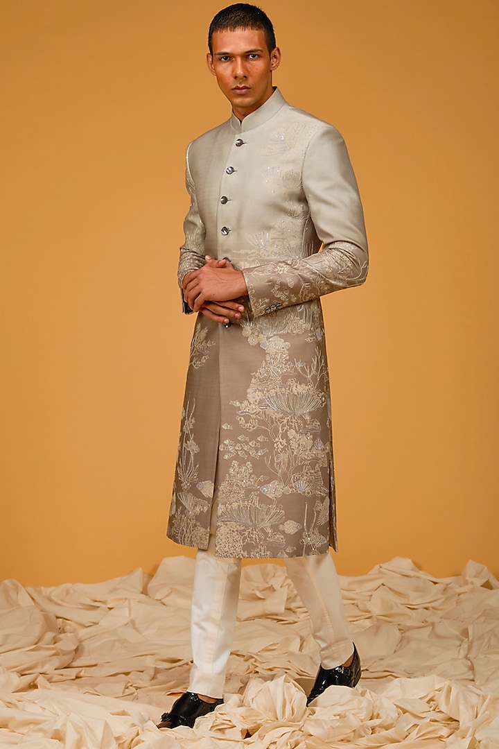 Ocean Grey Chanderi Silk Printed & Embroidered Groom Sherwani by Rohit Bal Men at Pernia's Pop Up Shop