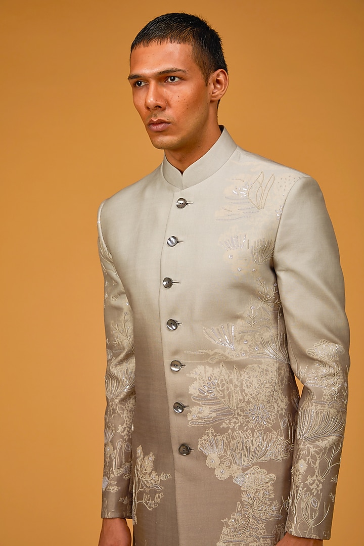 Ocean Grey Chanderi Silk Printed & Embroidered Groom Sherwani by Rohit Bal Men at Pernia's Pop Up Shop