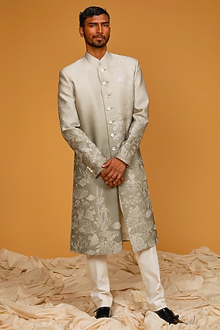 Ocean Grey Chanderi Silk Printed & Embroidered Sherwani by Rohit Bal Men