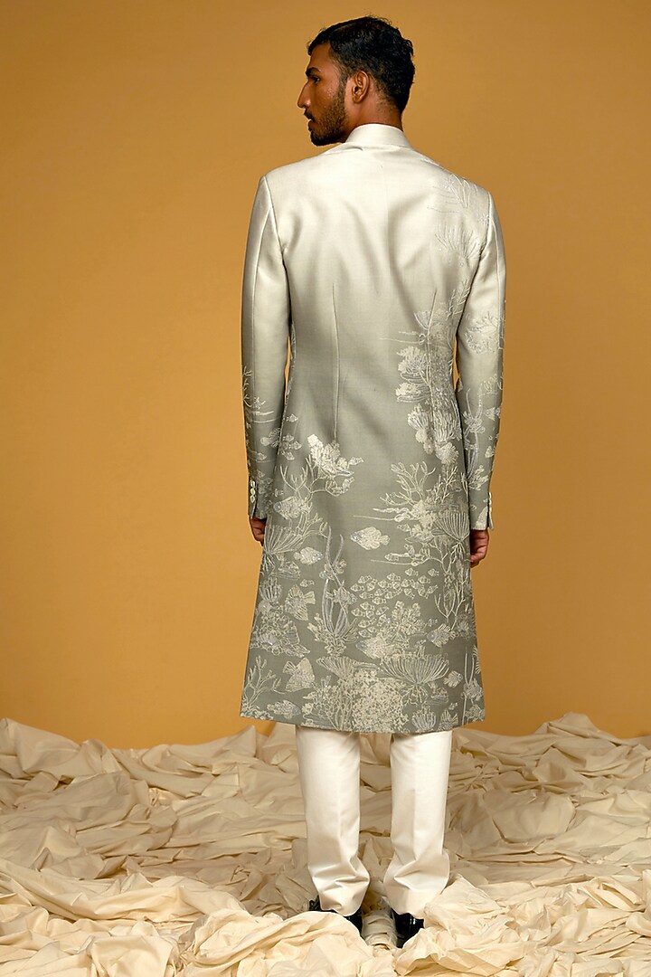 Ocean Grey Chanderi Silk Printed & Embroidered Groom Sherwani by Rohit Bal Men at Pernia's Pop Up Shop