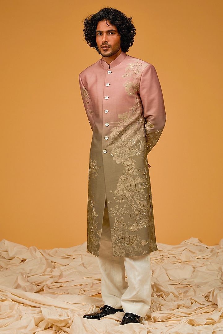 Ocean Green Chanderi Silk Printed & Embroidered Sherwani by Rohit Bal Men