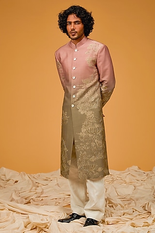 Ocean Green Chanderi Silk Printed & Embroidered Sherwani by Rohit Bal Men