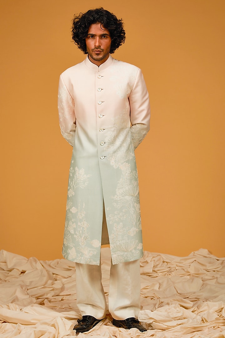 Ocean Blue Chanderi Silk Printed & Embroidered Sherwani by Rohit Bal Men