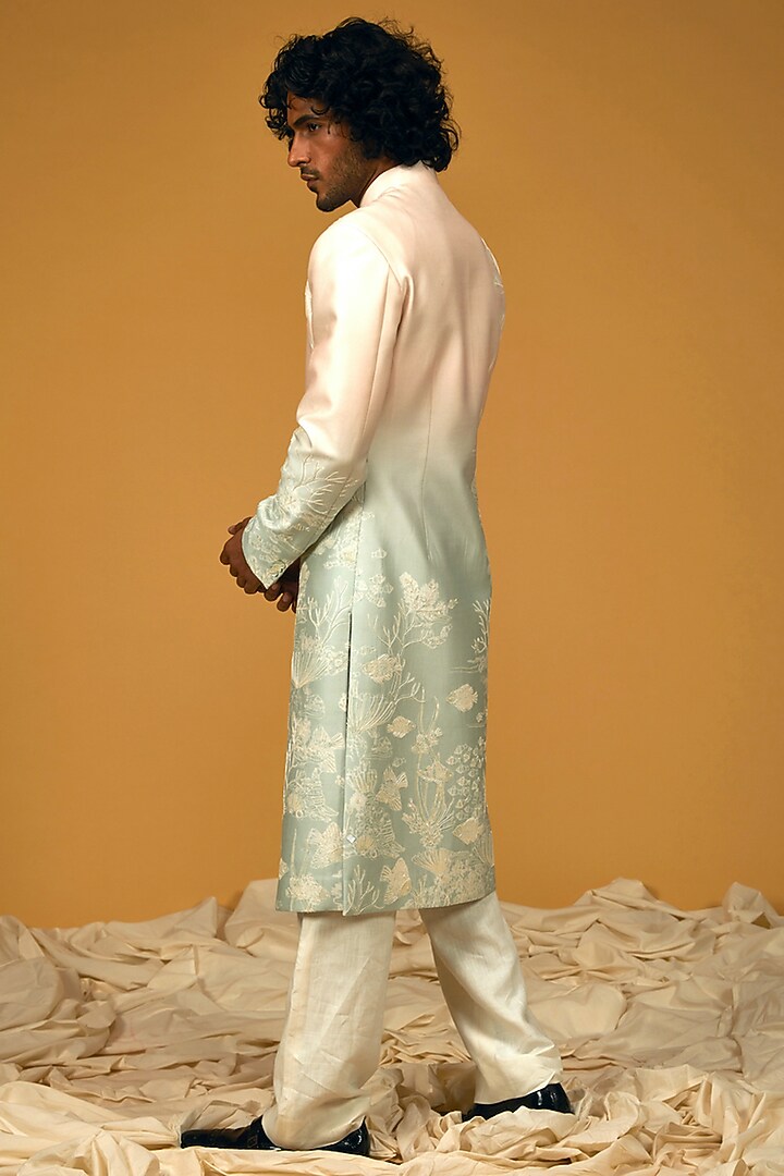 Ocean Blue Chanderi Silk Printed & Embroidered Groom Sherwani by Rohit Bal Men at Pernia's Pop Up Shop