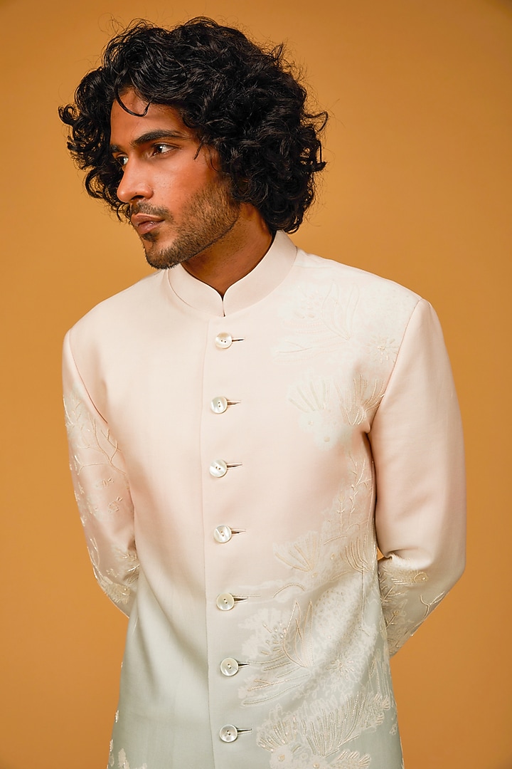 Ocean Blue Chanderi Silk Printed & Embroidered Groom Sherwani by Rohit Bal Men at Pernia's Pop Up Shop