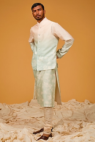 Ocean Blue Chanderi Digital Printed Bundi Jacket Set by Rohit Bal Men