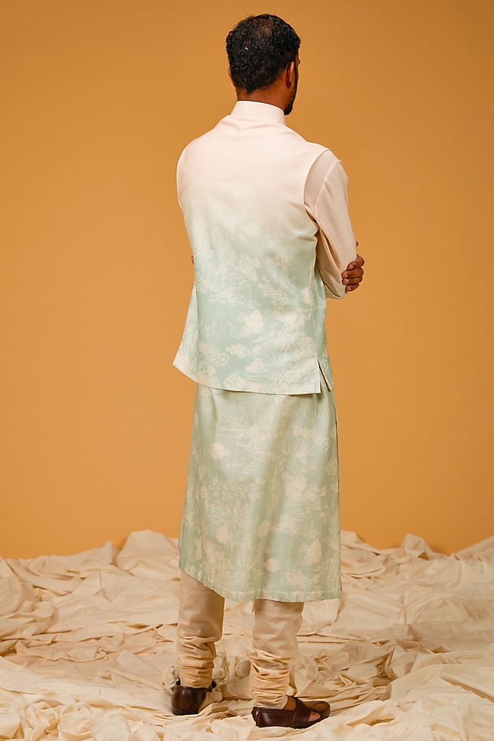 Ocean Blue Chanderi Digital Printed Bundi Jacket Set by Rohit Bal Men at Pernia's Pop Up Shop