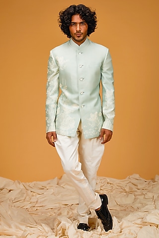 Ice Blue Matka Silk Digital Printed Bandhgala Jacket by Rohit Bal Men