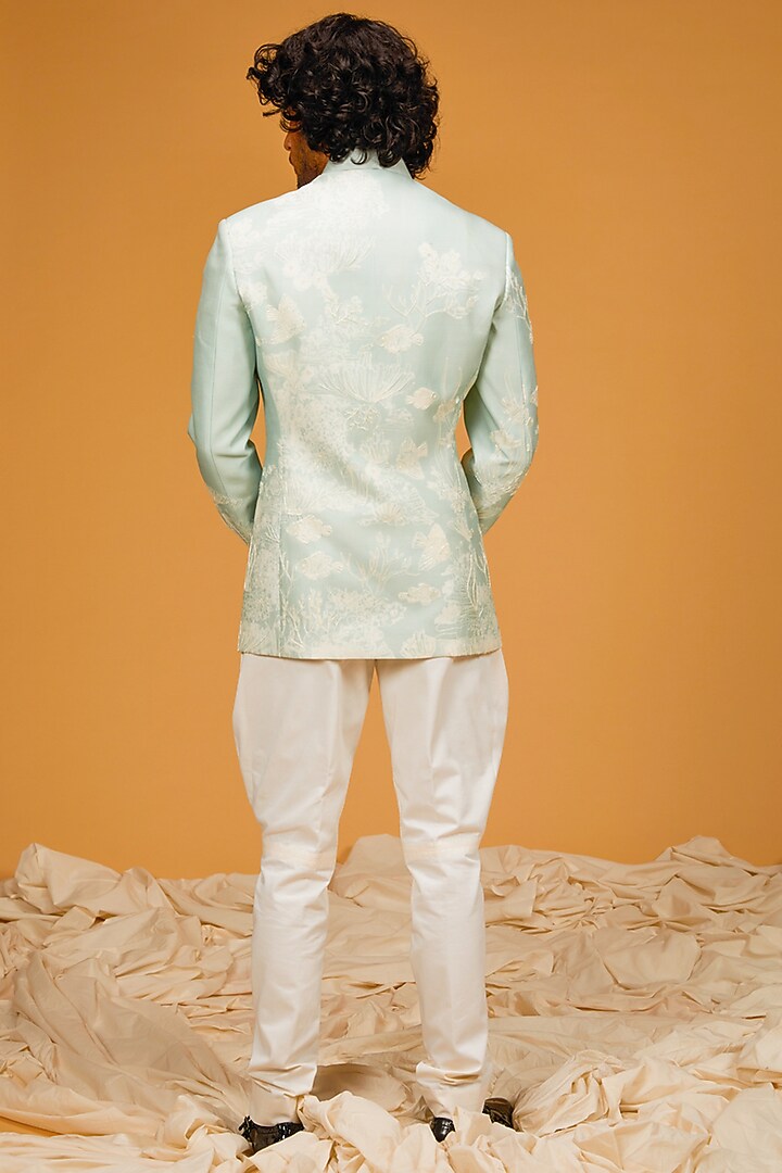 Ice Blue Matka Silk Digital Printed Groom Bandhgala Jacket by Rohit Bal Men at Pernia's Pop Up Shop