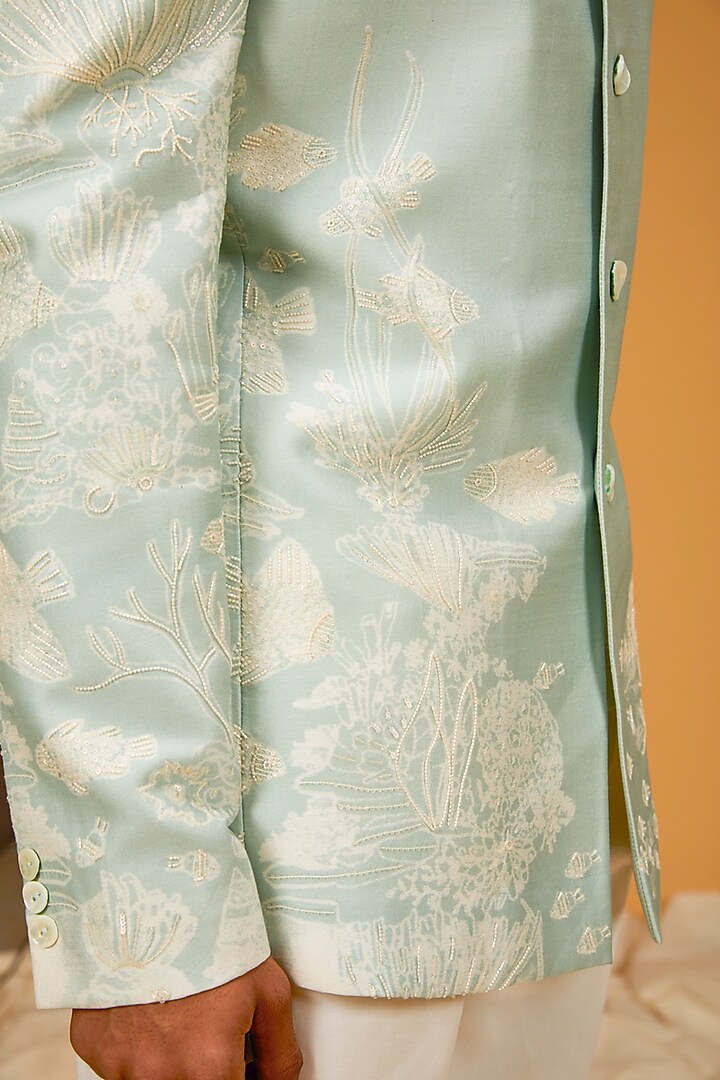 Ice Blue Matka Silk Digital Printed Groom Bandhgala Jacket by Rohit Bal Men at Pernia's Pop Up Shop