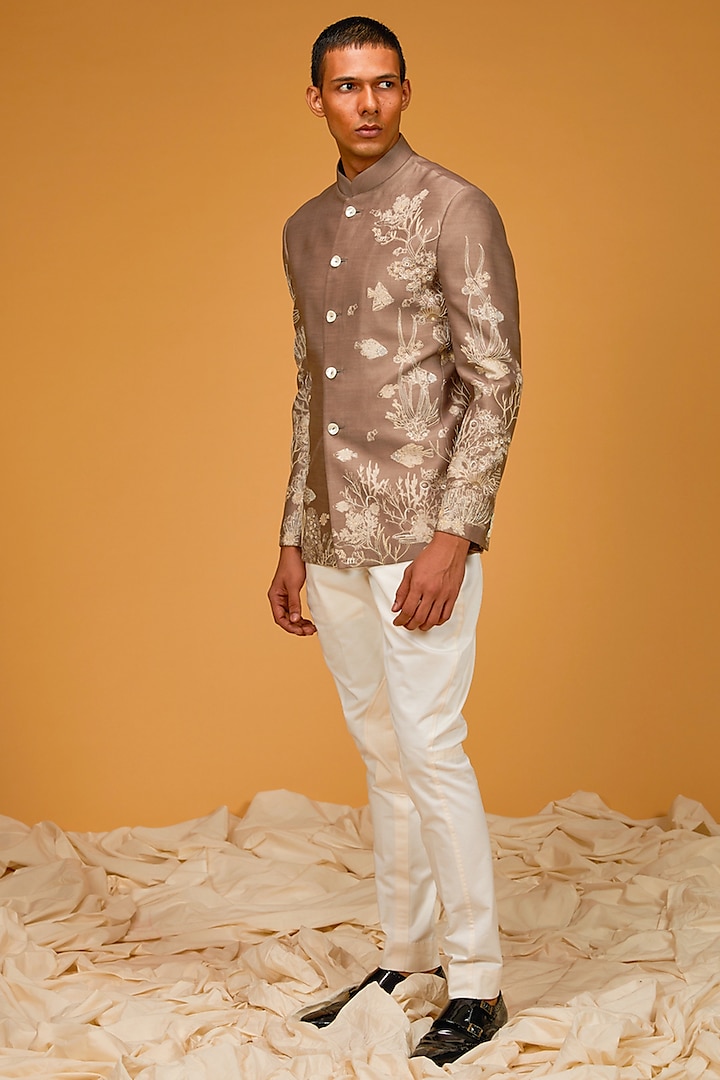 Light Rust Chanderi Silk Printed & Embroidered Bandhgala Jacket by Rohit Bal Men