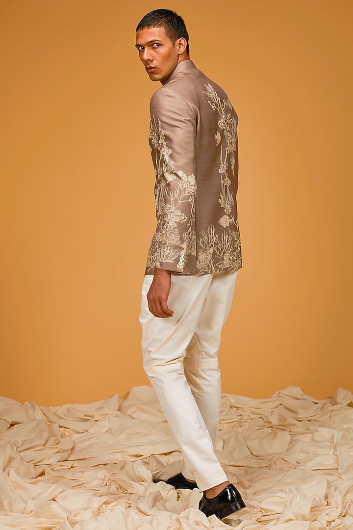 Light Rust Chanderi Silk Printed & Embroidered Groom Bandhgala Jacket by Rohit Bal Men at Pernia's Pop Up Shop