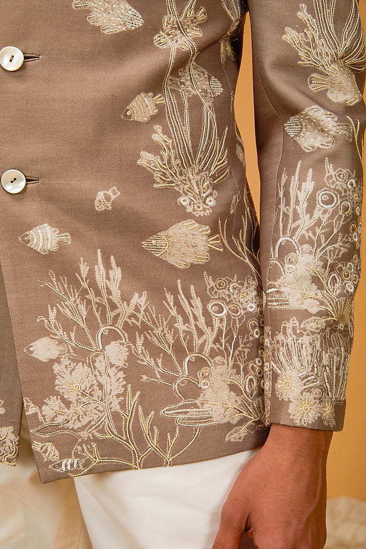 Light Rust Chanderi Silk Printed & Embroidered Groom Bandhgala Jacket by Rohit Bal Men at Pernia's Pop Up Shop