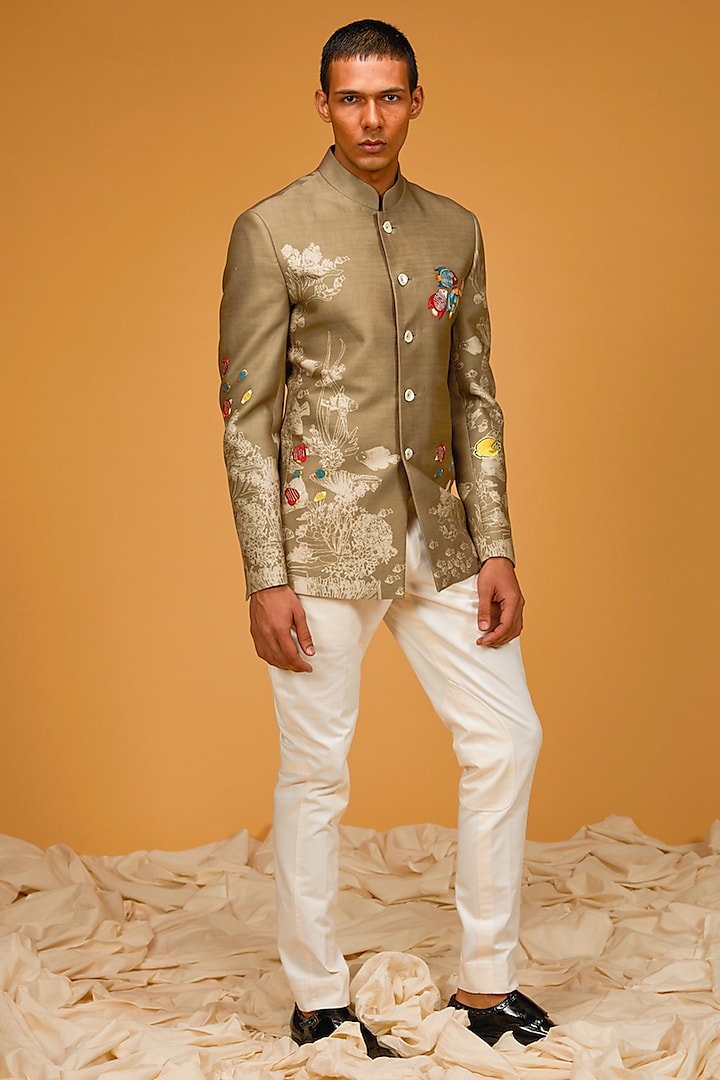 Light Brown Chanderi Silk Printed & Embroidered Bandhgala Jacket by Rohit Bal Men at Pernia's Pop Up Shop