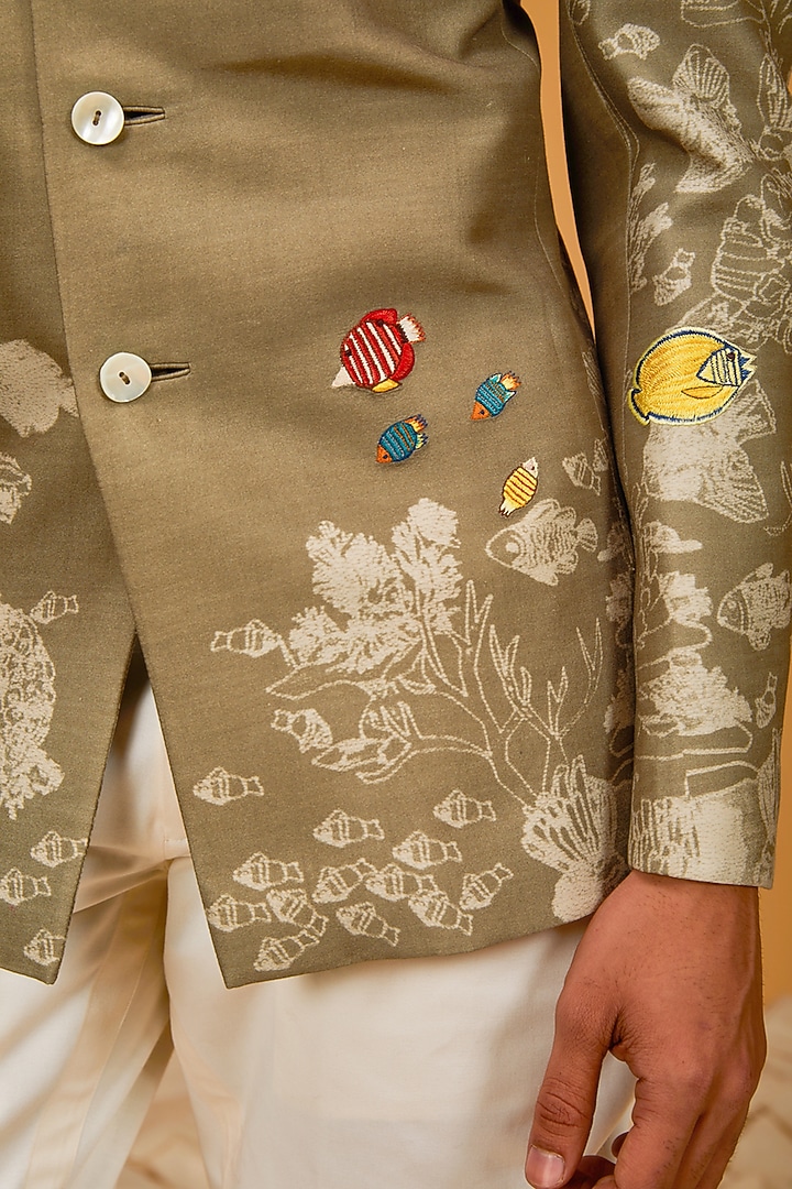 Light Brown Chanderi Silk Printed & Embroidered Groom Bandhgala Jacket by Rohit Bal Men at Pernia's Pop Up Shop