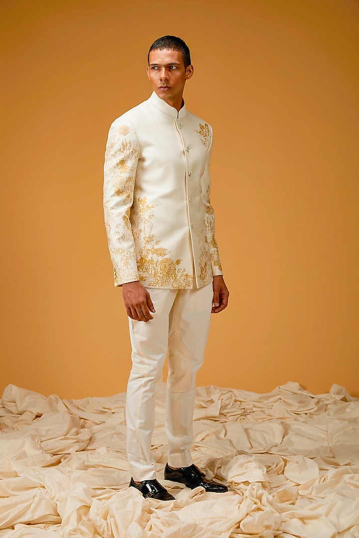 Ivory Chanderi Silk Printed & Embroidered Bandhgala Jacket by Rohit Bal Men