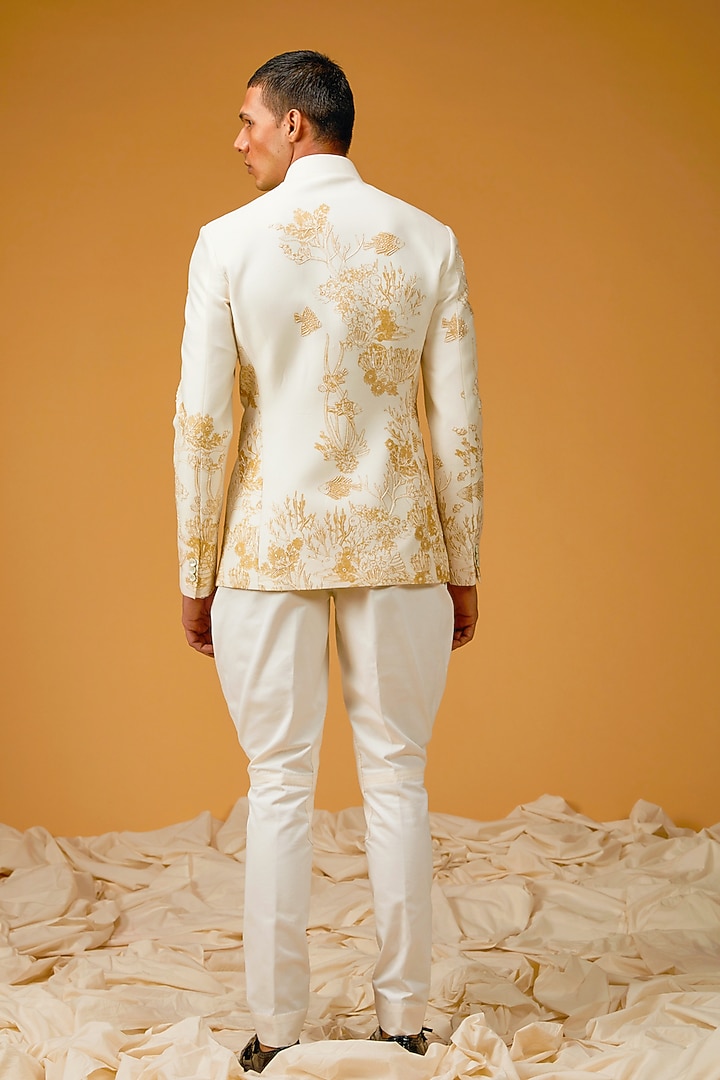 Ivory Chanderi Silk Printed & Embroidered Groom Bandhgala Jacket by Rohit Bal Men at Pernia's Pop Up Shop