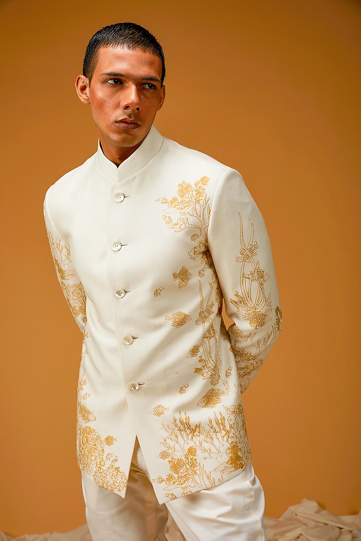 Ivory Chanderi Silk Printed & Embroidered Groom Bandhgala Jacket by Rohit Bal Men at Pernia's Pop Up Shop