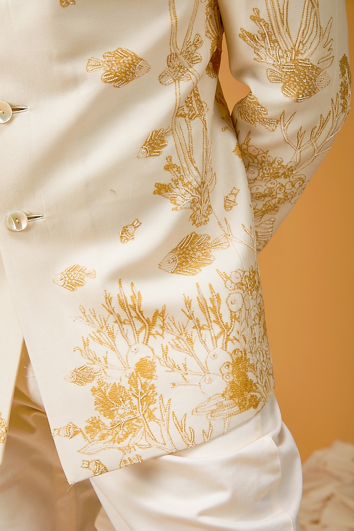 Ivory Chanderi Silk Printed & Embroidered Groom Bandhgala Jacket by Rohit Bal Men at Pernia's Pop Up Shop