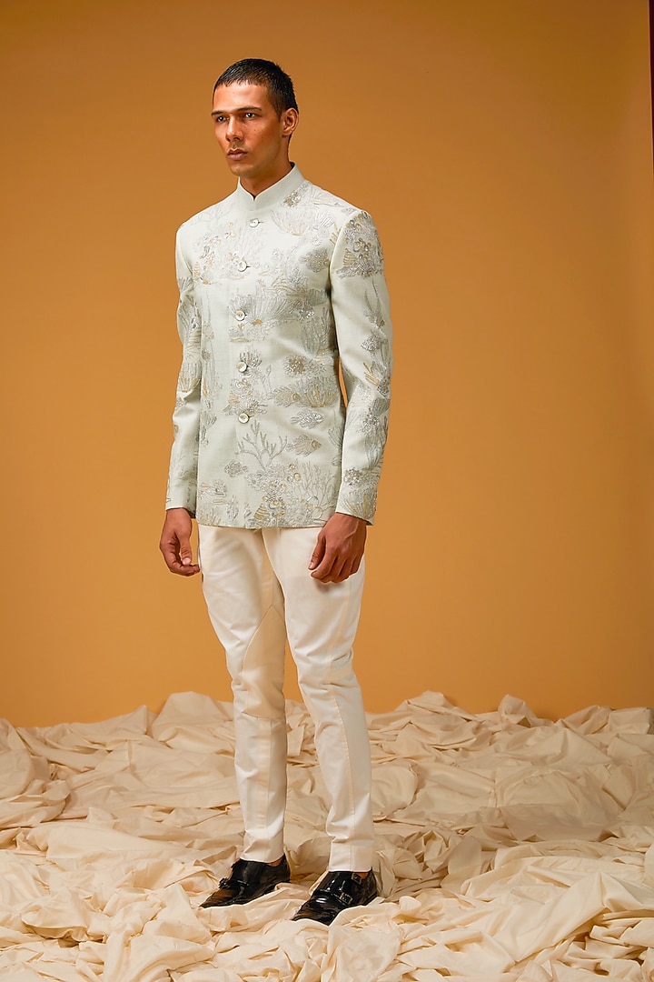 Powder Blue Matka Silk Resham Hand Embroidered Groom Bandhgala Jacket by Rohit Bal Men at Pernia's Pop Up Shop