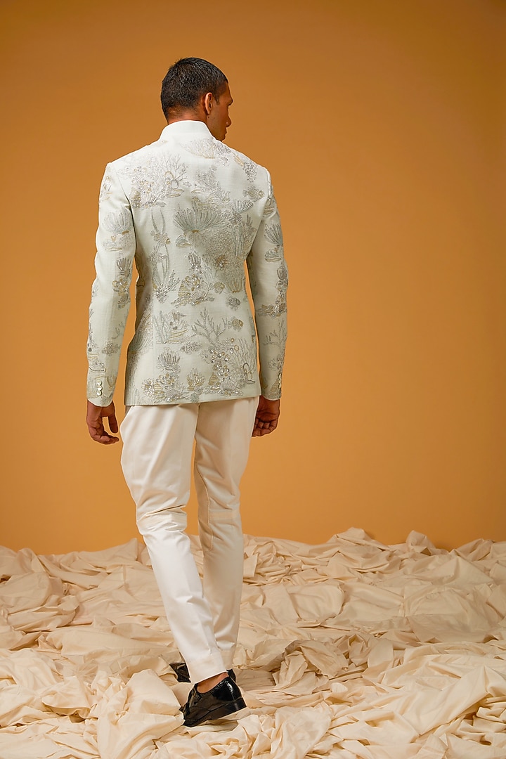 Powder Blue Matka Silk Resham Hand Embroidered Groom Bandhgala Jacket by Rohit Bal Men at Pernia's Pop Up Shop