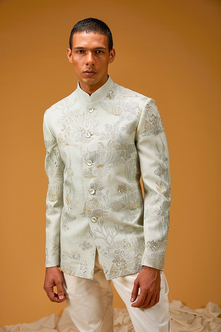 Powder Blue Matka Silk Resham Hand Embroidered Groom Bandhgala Jacket by Rohit Bal Men at Pernia's Pop Up Shop