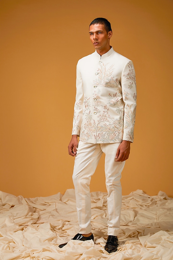 Ivory Matka Silk Resham Hand Embroidered Bandhgala Jacket by Rohit Bal Men