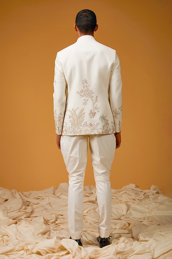 Ivory Matka Silk Resham Hand Embroidered Groom Bandhgala Jacket by Rohit Bal Men at Pernia's Pop Up Shop