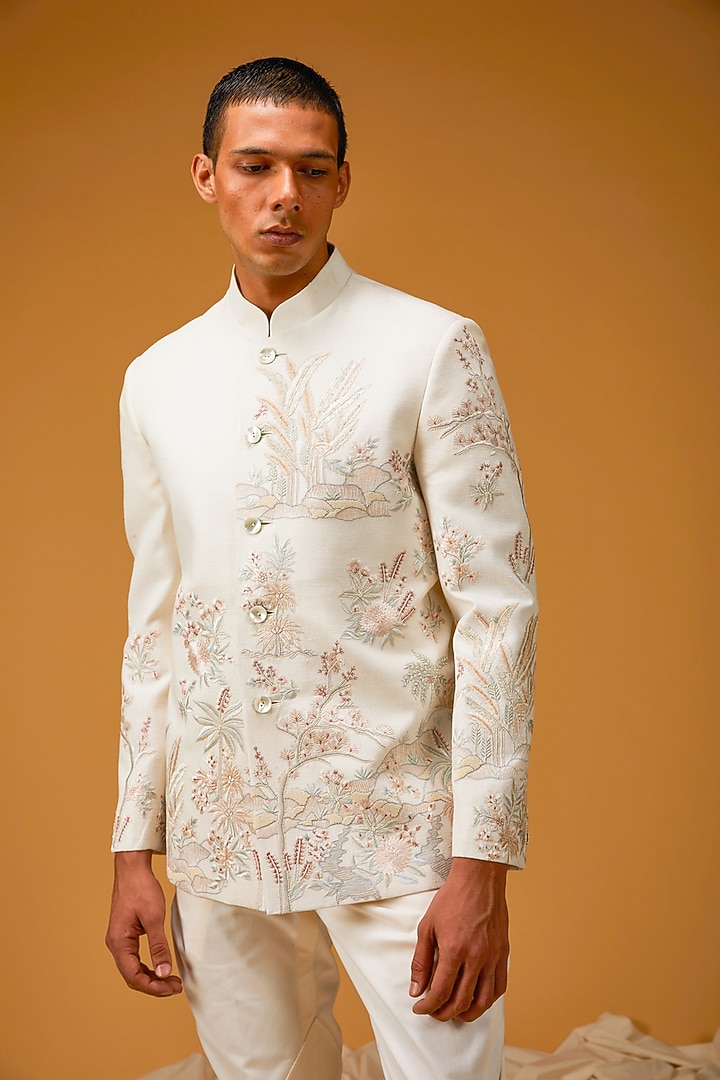 Ivory Matka Silk Resham Hand Embroidered Groom Bandhgala Jacket by Rohit Bal Men at Pernia's Pop Up Shop