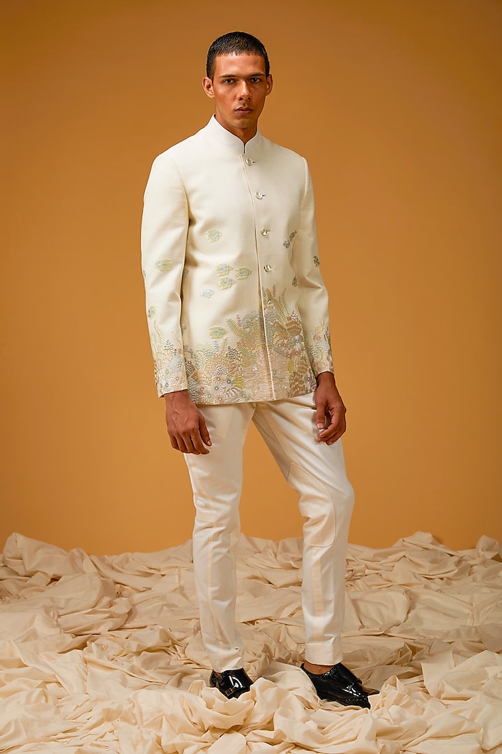 Ivory Matka Silk Resham Hand Embroidered Bandhgala Jacket by Rohit Bal Men