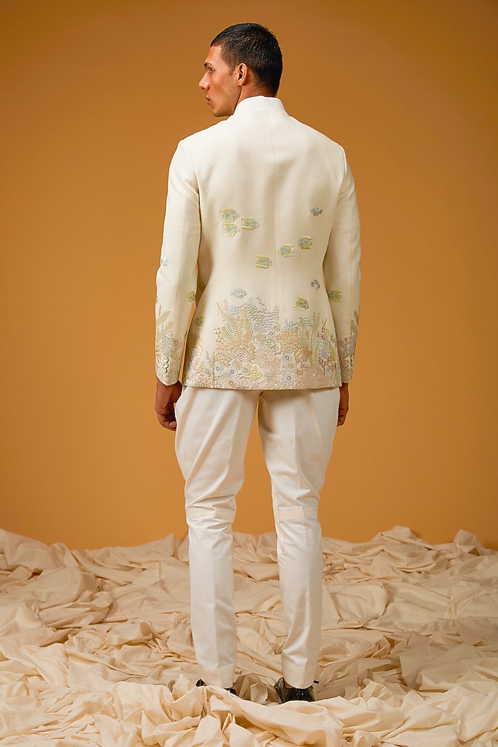 Ivory Matka Silk Resham Hand Embroidered Groom Bandhgala Jacket by Rohit Bal Men at Pernia's Pop Up Shop